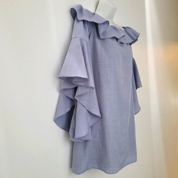Chambray Grey-Blue Off-Shoulder Ruffle Dress - NWT - M - Picture 5 of 13